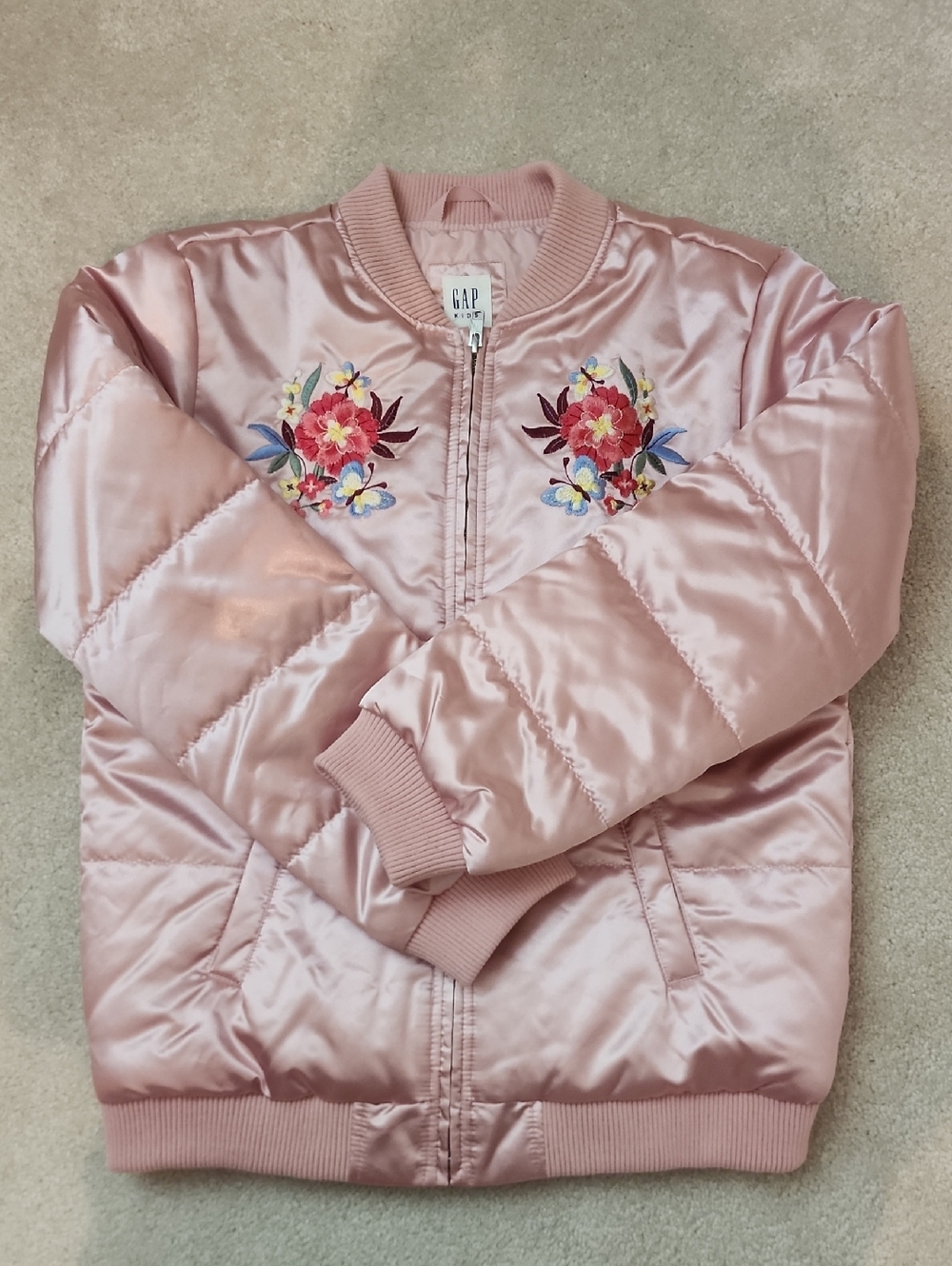 GAP Rose Pink Satin Bomber Jacket with Floral Embroidery